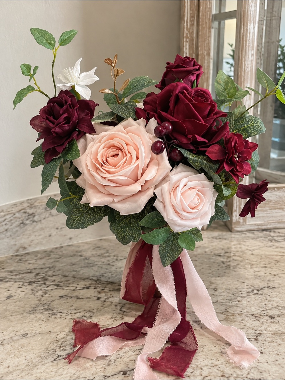Blush and Burgundy Artificial Rose Bouquet for Home Décor